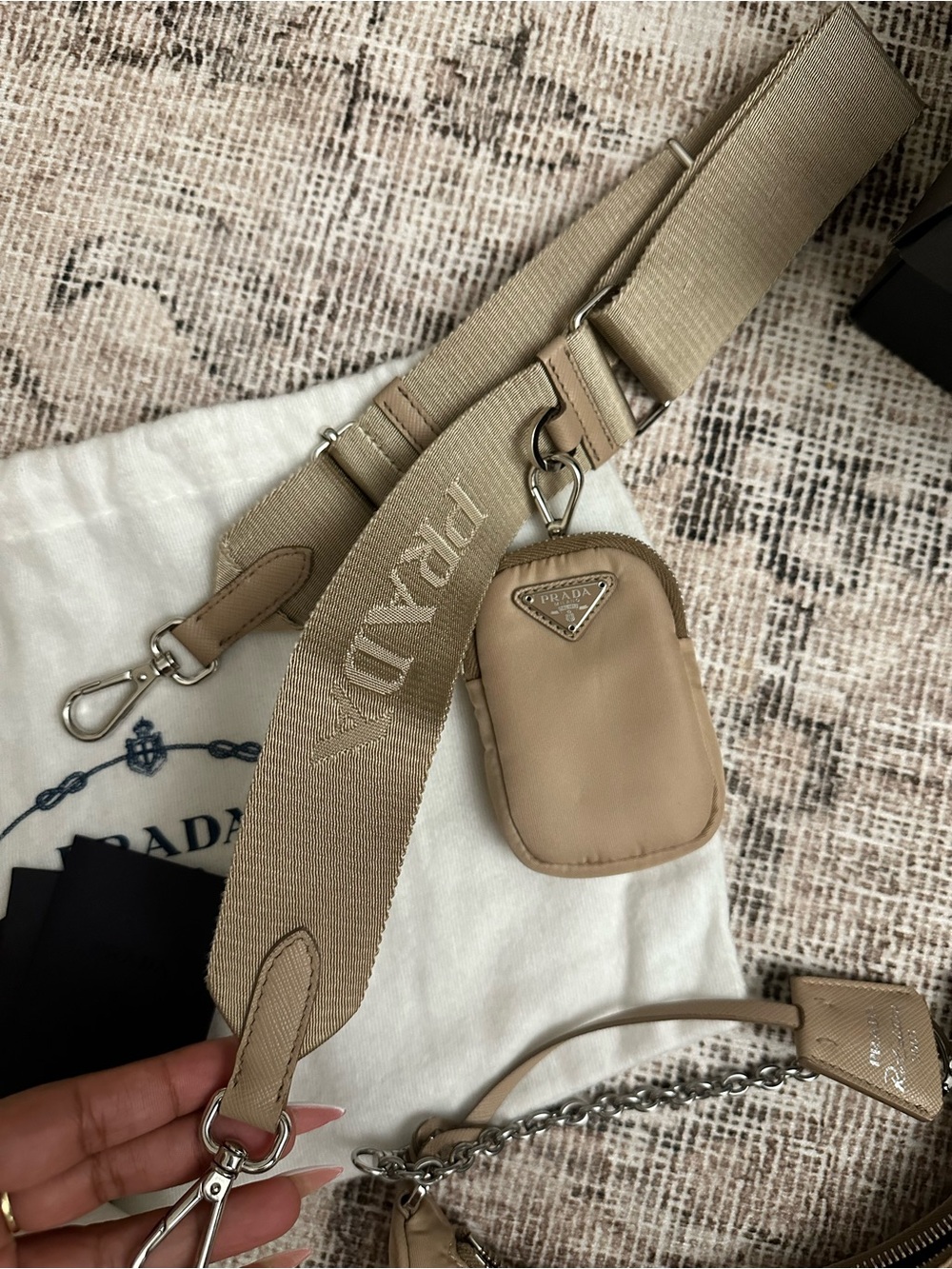 Prada Beige Nylon Shoulder Bag with Chain Handle and Detachable Strap - Picture 6 of 6